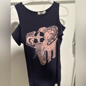 Women's Navy Cold-Shoulder Mini Dress with Pink Elephant Graphic
